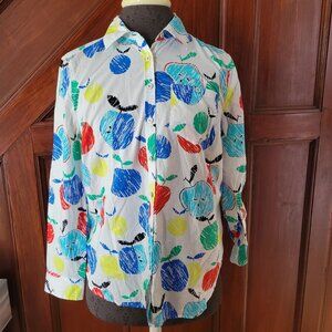 Talbots Petites Womens Button-Down Apple Print Shirt Long Sleeve Sp NWOT